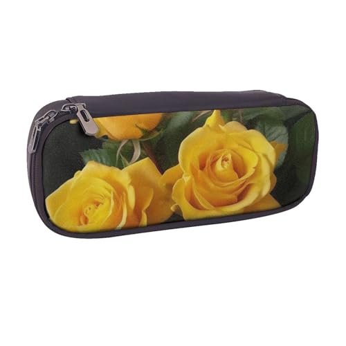 BNVSADC Federmäppchen und Make-up-Tasche aus Leder mit gelben Rosen, stilvolles Federmäppchen für Schule, Büro, Reisen, Schwarz , Einheitsgröße, Kosmetiktasche von BNVSADC