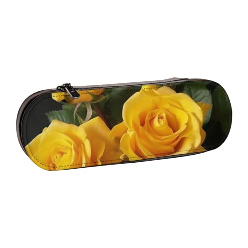 BNVSADC Federmäppchen und Make-up-Tasche aus Leder mit gelben Rosen – stilvolle Hartschalen-Bleistifttasche, Schreibwaren-Organizer-Tasche für Schule, Büro, Reisen, Schwarz , Einheitsgröße, von BNVSADC