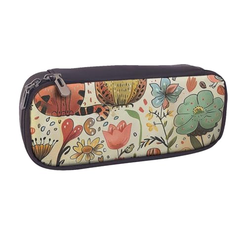 BNVSADC Federmäppchen und Make-up-Tasche aus Leder mit lustigem Katzenmotiv und Vögeln und Blumen, stilvolles Federmäppchen für Schule, Büro, Reisen, Schwarz , Einheitsgröße, Kosmetiktasche von BNVSADC