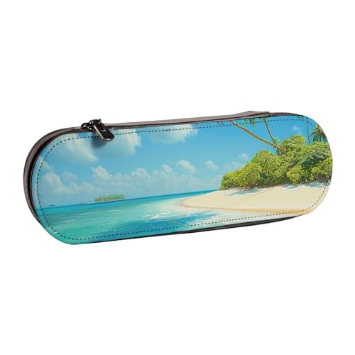 BNVSADC Federmäppchen und Make-up-Tasche aus Leder mit mexikanischem Otomi-Tiermotiv, stilvolles Hartschalen-Federmäppchen für Schule, Büro, Reisen, Insel mit Sandstrand und Palme, Einheitsgröße von BNVSADC