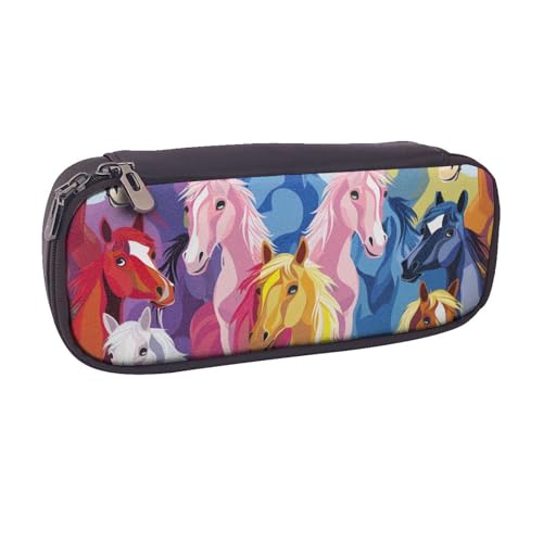 BNVSADC Federmäppchen und Make-up-Tasche aus Leder mit niedlichem Cartoon-Pferde-Muster, stilvolles Federmäppchen für Schule, Büro, Reisen, Schwarz , Einheitsgröße, Kosmetiktasche von BNVSADC