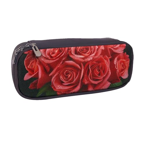 BNVSADC Federmäppchen und Make-up-Tasche aus Leder mit roter Rose, 1 Stück, stilvolles Federmäppchen, Schreibwaren-Organizer, Tasche für Schule, Büro, Reisen, Schwarz , Einheitsgröße, Kosmetiktasche von BNVSADC