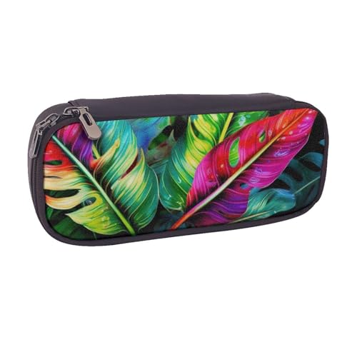 BNVSADC Federmäppchen und Make-up-Tasche aus Leder mit tropischem Blattmotiv, stilvolles Federmäppchen für Schule, Büro, Reisen, Schwarz , Einheitsgröße, Kosmetiktasche von BNVSADC