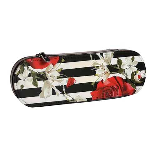 BNVSADC Federmäppchen und Make-up-Tasche aus Leder mit weihnachtlichem Schneemann-Motiv, stilvolle Hartschale, Schreibwaren-Organizer-Tasche für Schule, Büro, Reisen, Schwarz Weiß Streifen Rot Rose von BNVSADC
