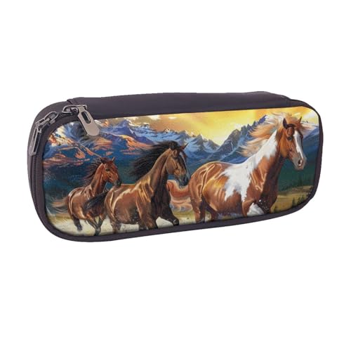 BNVSADC Federmäppchen und Make-up-Tasche aus bedrucktem Leder, Motiv: Laufende Pferde, stilvolle Stiftetasche, Schreibwaren-Organizer-Tasche für Schule, Büro, Reisen, Schwarz , Einheitsgröße von BNVSADC