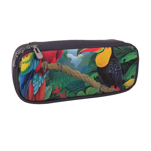BNVSADC Federmäppchen und Make-up-Tasche aus bedrucktem Leder mit Ara- und Tukan-Motiv – stilvolles Federmäppchen für Schule, Büro, Reisen, Schwarz , Einheitsgröße, Kosmetiktasche von BNVSADC