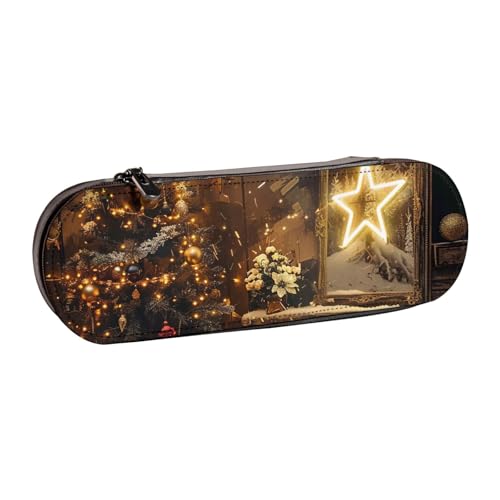 BNVSADC Federmäppchen und Make-up-Tasche aus bedrucktem Leder mit Aufschrift "Merry Christmas and Happy New Year", stilvolle Hartschalen-Bleistifttasche, Schreibwaren-Organizer-Tasche für Schule, von BNVSADC