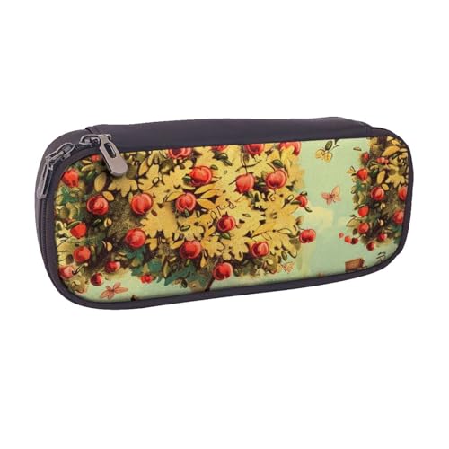 BNVSADC Federmäppchen und Make-up-Tasche aus bedrucktem Leder mit Motiv "Auto unter Obstbäumen" – stilvolles Federmäppchen für Schule, Büro, Reisen, Schwarz , Einheitsgröße, Kosmetiktasche von BNVSADC