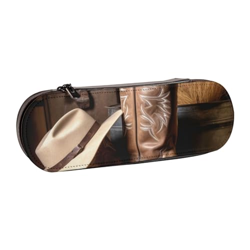 BNVSADC Federmäppchen und Make-up-Tasche mit Cowboy-Hut und Westernstiefel, bedrucktes Leder-Federmäppchen und Make-up-Tasche – stilvolle Hartschalen-Bleistifttasche, Schreibwaren-Organizer-Tasche für von BNVSADC