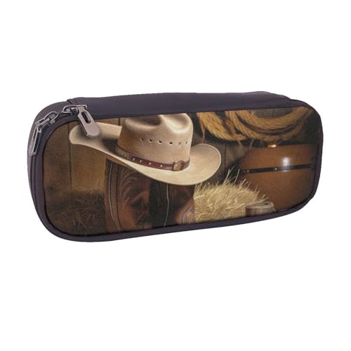BNVSADC Federmäppchen und Make-up-Tasche mit Cowboyhut, Westernstiefel, bedrucktes Leder-Federmäppchen – stilvolle Stiftetasche, Schreibwaren-Organizer-Tasche für Schule, Büro, Reisen, Schwarz , von BNVSADC
