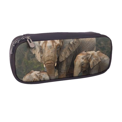 BNVSADC Federmäppchen und Make-up-Tasche mit Elefantenfamilie, bedrucktes Leder-Federmäppchen – stilvolles Federmäppchen, Schreibwaren-Organizer-Tasche für Schule, Büro, Reisen, Schwarz von BNVSADC