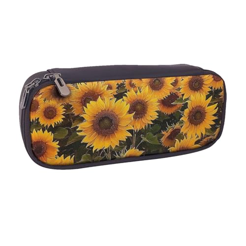 BNVSADC Federmäppchen und Make-up-Tasche mit Sonnenblumen-Motiv, aus Leder, stilvolles Federmäppchen, Schreibwaren, Organizer, Tasche für Schule, Büro, Reisen, Schwarz , Einheitsgröße, Kosmetiktasche von BNVSADC