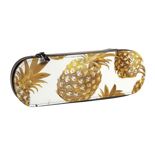 BNVSADC Federmäppchen und Make-up-Tasche mit goldenem Ananas-Hintergrund, bedrucktes Leder, stilvolle Hartschalen-Bleistifttasche, Schreibwaren-Organizer-Tasche für Schule, Büro, Reisen, Schwarz , von BNVSADC