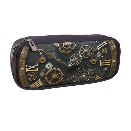 BNVSADC Gears Clock Federmäppchen und Make-up-Tasche aus Leder mit Aufdruck "Bronze Century" – stilvolles Federmäppchen für Schule, Büro, Reisen, Schwarz , Einheitsgröße, Kosmetiktasche von BNVSADC