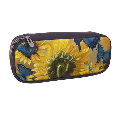 BNVSADC Gelbe Sonnenblumen mit blauen Schmetterlingen bedrucktes Leder-Federmäppchen und Make-up-Tasche – stilvolles Federmäppchen für Schule, Büro, Reisen, Schwarz , Einheitsgröße, Kosmetiktasche von BNVSADC
