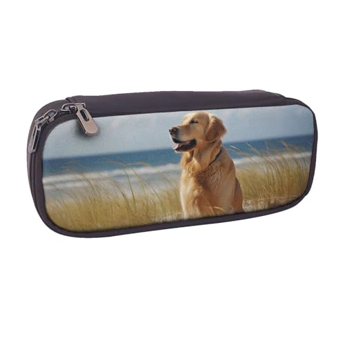 BNVSADC Golden Retriever bedrucktes Leder-Federmäppchen und Make-up-Tasche – stilvolles Federmäppchen für Schreibwaren, Organizer, Tasche für Schule, Büro, Reisen, Schwarz , Einheitsgröße, von BNVSADC