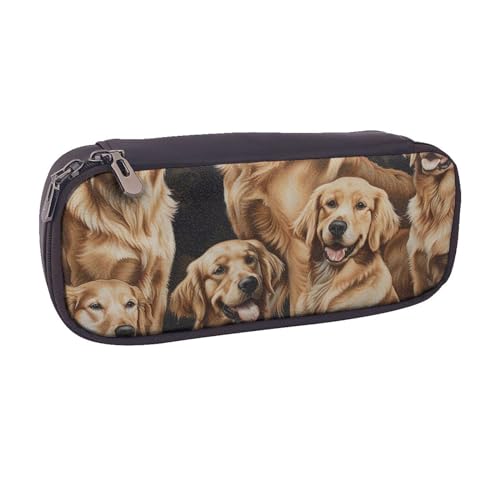 BNVSADC Golden Retrievers bedrucktes Leder-Federmäppchen und Make-up-Tasche – stilvolles Federmäppchen für Schreibwaren, Organizer, Tasche für Schule, Büro, Reisen, Schwarz , Einheitsgröße, von BNVSADC