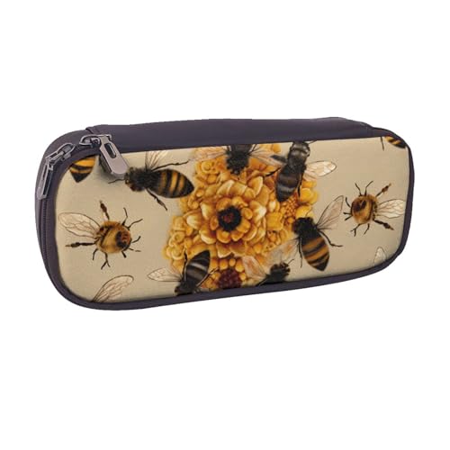 BNVSADC Honey Bees Federmäppchen und Make-up-Tasche aus bedrucktem Leder – stilvolles Federmäppchen für Schule, Büro, Reisen, Schwarz , Einheitsgröße, Kosmetiktasche von BNVSADC