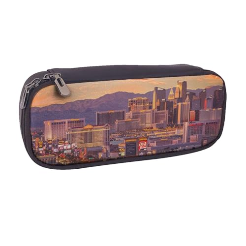 BNVSADC Las Vegas Federmäppchen und Make-up-Tasche mit Sonnenuntergang, bedrucktes Leder-Federmäppchen – stilvolles Federmäppchen, Schreibwaren-Organizer, Tasche für Schule, Büro, Reisen, Schwarz , von BNVSADC