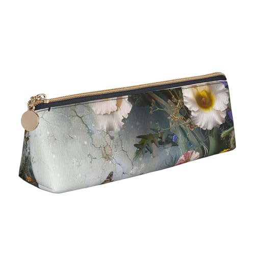 BNVSADC Lustiges Federmäppchen mit Astronauten-Dinosaurier-Raketen-Motiv, dreieckig, Leder-Federmäppchen, niedliches Schreibwaren-Federmäppchen für Schule, Büro, Reisen, Blumen und Schmetterling von BNVSADC