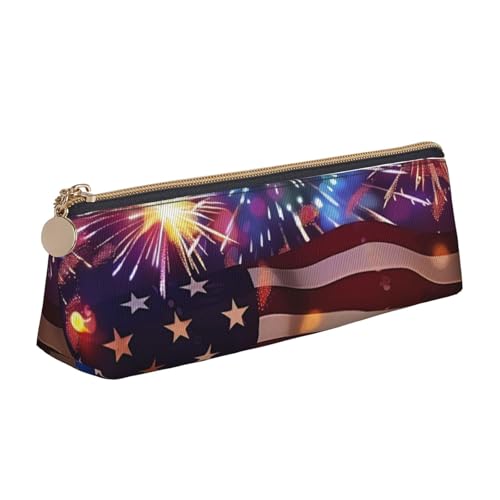 BNVSADC Lustiges Federmäppchen mit Astronauten-Dinosaurier-Raketen-Motiv, dreieckig, Leder-Federmäppchen, niedliches Schreibwaren-Federmäppchen für Schule, Büro, Reisen, Feuerwerk Amerikanische Flagge von BNVSADC