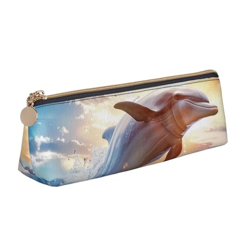 BNVSADC Lustiges Federmäppchen mit Astronauten-Dinosaurier-Raketen-Motiv, dreieckig, Leder-Federmäppchen, niedliches Schreibwaren-Federmäppchen für Schule, Büro, Reisen, Lustiges Tier-Delfin von BNVSADC