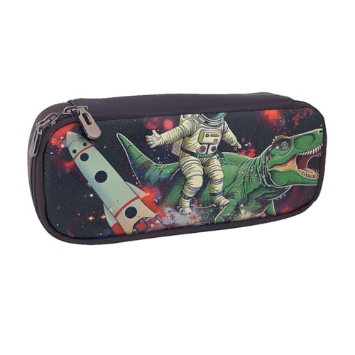 BNVSADC Lustiges Federmäppchen und Make-up-Tasche aus Leder mit Dinosaurier-Raketen-Motiv, stilvolles Federmäppchen für Schule, Büro, Reisen, Schwarz , Einheitsgröße, Kosmetiktasche von BNVSADC