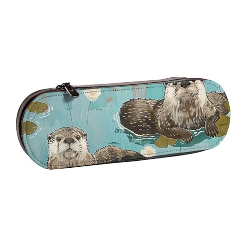 BNVSADC Rechteckiges Federmäppchen und Make-up-Tasche aus Leder mit Mandala-Kunstdruck – stilvolle Hartschalen-Bleistifttasche, Schreibwaren-Organizer-Tasche für Schule, Büro, Reisen, Otter von BNVSADC