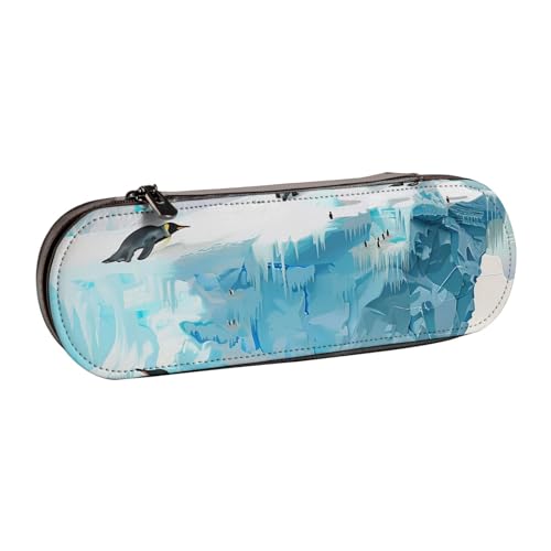 BNVSADC Rechteckiges Federmäppchen und Make-up-Tasche aus Leder mit Mandala-Kunstdruck – stilvolle Hartschalen-Bleistifttasche, Schreibwaren-Organizer-Tasche für Schule, Büro, Reisen, Pinguin auf dem von BNVSADC