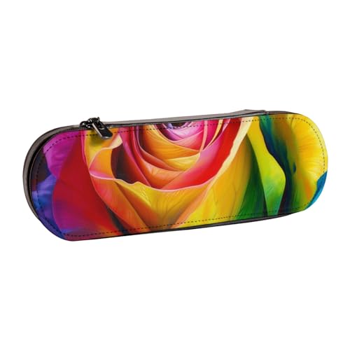 BNVSADC Rechteckiges Federmäppchen und Make-up-Tasche aus Leder mit Mandala-Kunstdruck – stilvolle Hartschalen-Bleistifttasche, Schreibwaren-Organizer-Tasche für Schule, Büro, Reisen, Regenbogen-Rosen von BNVSADC