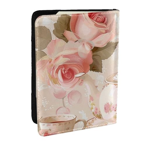 BNVSADC Reisepasshülle aus PU-Leder mit violettem Glitzer, bedruckt, 16,5 cm, Teebecher mit Rosen Romantisch Shabby, Einheitsgröße, Modern von BNVSADC
