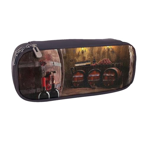 BNVSADC Rotweinkeller bedrucktes Leder-Federmäppchen und Make-up-Tasche – stilvolles Federmäppchen für Schreibwaren, Organizer, Tasche für Schule, Büro, Reisen, Schwarz , Einheitsgröße, Kosmetiktasche von BNVSADC