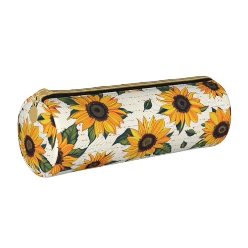 BNVSADC Rundes Federmäppchen mit Sonnenblumenmuster, Leder, niedliches Schreibwaren-Federmäppchen für Schule, Büro, Reisen, weiß, Einheitsgröße, Kosmetiktasche von BNVSADC