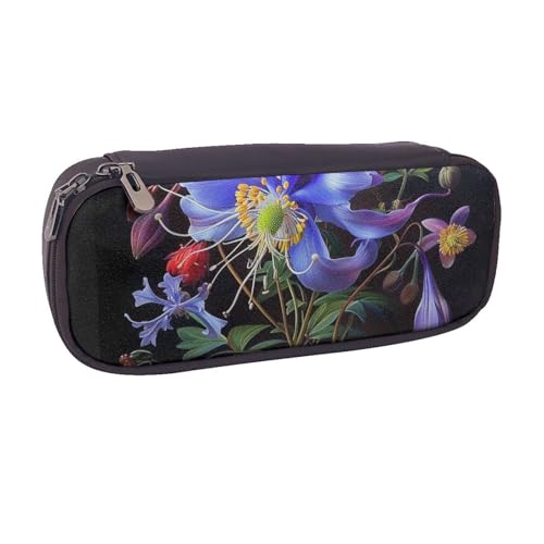 BNVSADC Schöne Blumen 1 bedrucktes Leder-Federmäppchen & Make-up-Tasche – stilvolles Federmäppchen für Schreibwaren, Organizer, Tasche für Schule, Büro, Reisen, Schwarz , Einheitsgröße, Kosmetiktasche von BNVSADC