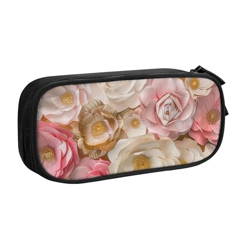 BNVSADC Schönes Federmäppchen mit weißen goldenen Blumen, bedruckt, großes Stifteetui, niedliches Federmäppchen, Büro, Schule, Schreibwaren-Organizer für Mädchen und Jungen, Schwarz, Schwarz , von BNVSADC