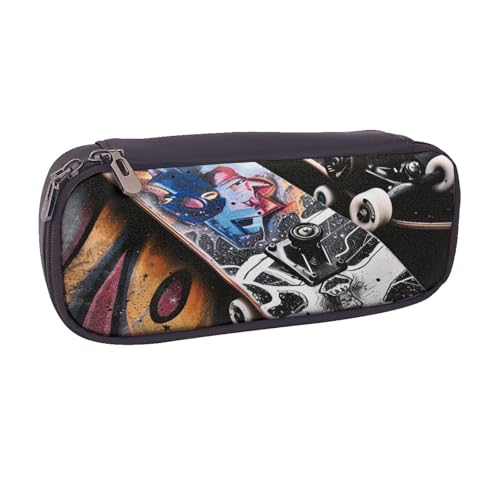 BNVSADC Skate Boards bedrucktes Federmäppchen und Make-up-Tasche aus Leder – stilvolles Federmäppchen für Schule, Büro, Reisen, Schwarz , Einheitsgröße, Kosmetiktasche von BNVSADC