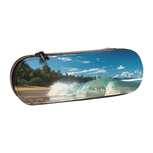 BNVSADC Sunny Wave Beach bedrucktes Leder-Federmäppchen & Make-up-Tasche – stilvolle Hartschalen-Bleistifttasche, Schreibwaren-Organizer-Tasche für Schule, Büro, Reisen, Schwarz , Einheitsgröße, von BNVSADC