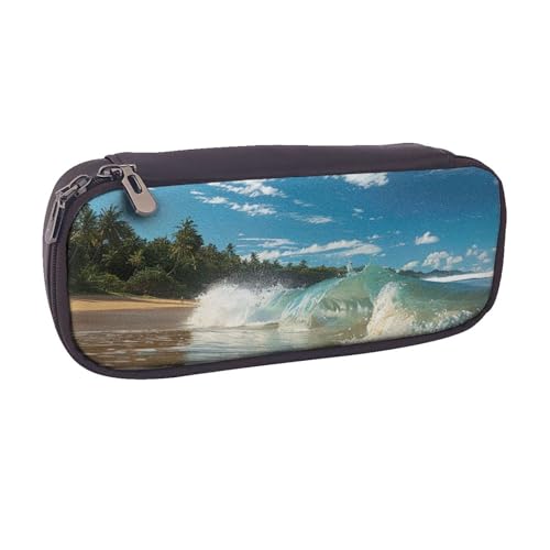 BNVSADC Sunny Wave Beach bedrucktes Leder-Federmäppchen & Make-up-Tasche – stilvolles Federmäppchen für Schreibwaren, Organizer, Tasche für Schule, Büro, Reisen, Schwarz , Einheitsgröße, von BNVSADC