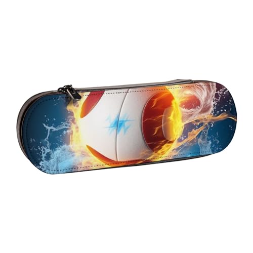 BNVSADC Volleyball mit Feuer und Eis, bedrucktes Leder-Federmäppchen und Make-up-Tasche, stilvolle Hartschalen-Bleistifttasche, Schreibwaren-Organizer-Tasche für Schule, Büro, Reisen, Schwarz , von BNVSADC