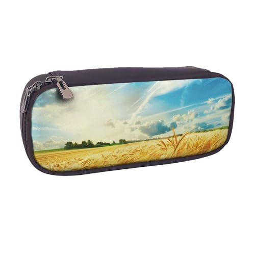 BNVSADC Weizenfeld-bedrucktes Leder-Federmäppchen und Make-up-Tasche – stilvolles Federmäppchen für Schreibwaren, Organizer für Schule, Büro, Reisen, Schwarz , Einheitsgröße, Kosmetiktasche von BNVSADC