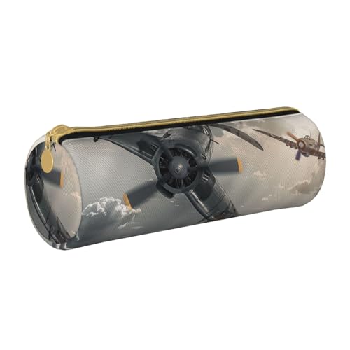 BNVSADC Weltkrieg Flugzeug bedrucktes rundes Federmäppchen aus Leder für Schule, Büro, Reisen, weiß, Einheitsgröße, Kosmetiktasche von BNVSADC