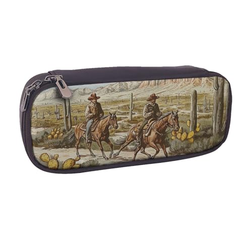 BNVSADC West Desert Cowboys Reitpferde bedrucktes Leder-Federmäppchen und Make-up-Tasche – stilvolles Federmäppchen für Schule, Büro, Reisen, Schwarz , Einheitsgröße, Kosmetiktasche von BNVSADC