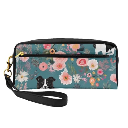 Border Collie Make-up-Tasche mit Blumenmuster, Leder, mit Handschlaufe, tragbare Reise-Kulturbeutel, Kosmetik-Organizer-Tasche für Damen, Schwarz , Einheitsgröße, Kosmetiktasche von BNVSADC