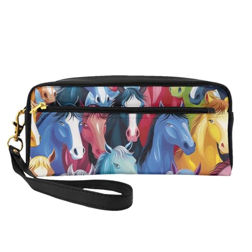 Bunte Make-up-Tasche aus Leder mit Cartoon-Pferden, mit Handgelenkschlaufe, tragbare Reise-Kulturbeutel, Kosmetik-Organizer-Tasche für Damen, Schwarz , Einheitsgröße, Kosmetiktasche von BNVSADC