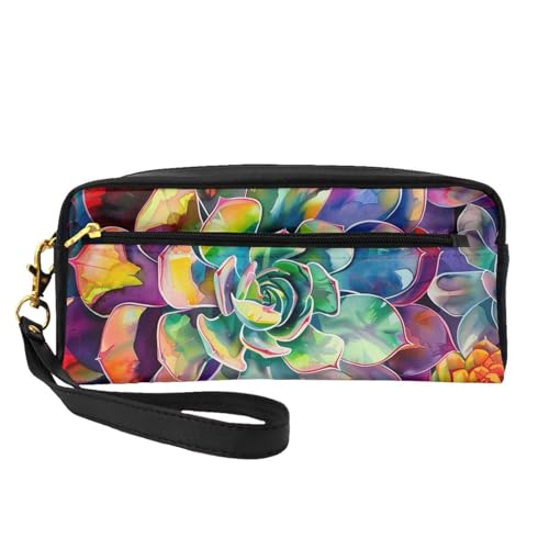 Bunte Make-up-Tasche aus Leder mit Sukkulenten-Motiv, mit Handschlaufe, tragbare Reise-Kulturbeutel, Kosmetik-Organizer-Tasche für Damen, Schwarz , Einheitsgröße, Kosmetiktasche von BNVSADC
