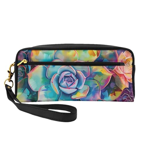 Bunte Make-up-Tasche aus Leder mit Sukkulenten-Motiv, mit Handschlaufe, tragbare Reise-Kulturbeutel, Kosmetik-Organizer-Tasche für Damen, Schwarz , Einheitsgröße, Kosmetiktasche von BNVSADC