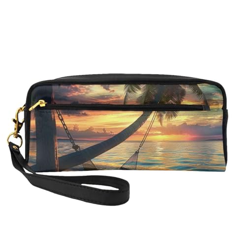 Coconut Beach Sonnenuntergang Hängematte Bedruckte Leder Make-up-Tasche mit Handschlaufe, tragbare Reise-Kulturbeutel, Kosmetik-Organizer-Tasche für Damen, Schwarz , Einheitsgröße, Kosmetiktasche von BNVSADC