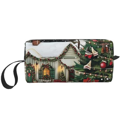 Farmhouse Weihnachten bedruckte Reise-Make-up-Tasche, tragbare Kosmetiktasche, Make-up-Koffer, Kulturbeutel, Handtasche, Organizer für Damen, weiß, Einheitsgröße, Kosmetiktasche von BNVSADC