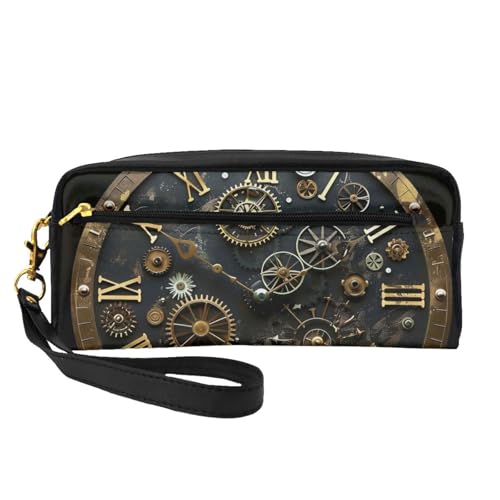 Gears Clock Make-up-Tasche aus Leder mit Handschlaufe, tragbar, Reise-Kulturbeutel, Kosmetik-Organizer, bronzefarben, Schwarz , Einheitsgröße, Kosmetiktasche von BNVSADC