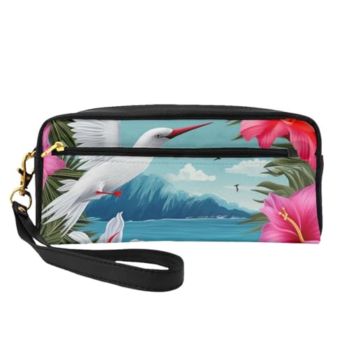 Hawaii Hibiskusblumen-bedruckte Leder-Make-up-Tasche mit Handschlaufe, tragbare Reise-Kulturbeutel, Kosmetik-Organizer-Tasche für Damen, Schwarz , Einheitsgröße, Kosmetiktasche von BNVSADC
